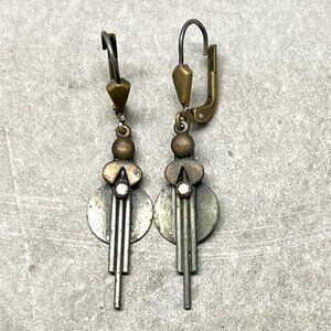 Vtg Handmade Art Deco Drop Pierced Earrings w/Tiny Crystal Accent & Lever Backs